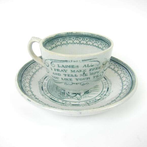 Antique Thomas Fell & Co Transferware Cup & Saucer Ladies All I Pray Free 1850